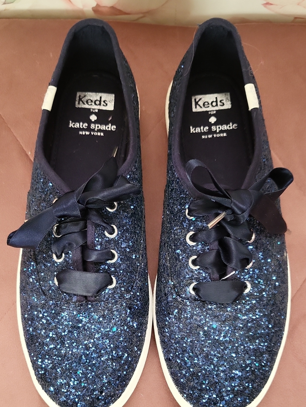 Kate Spade/Keds Navy Glitter Ribbon Lace Sneakers